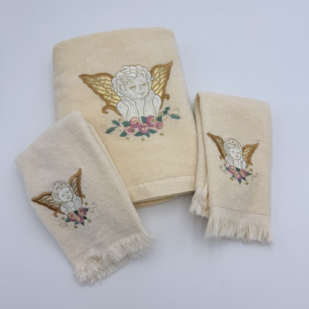 Vtg Towel Set 3 Celestial Decor Cherub Angels Bath Towels 100 Cotton Tan Neutral